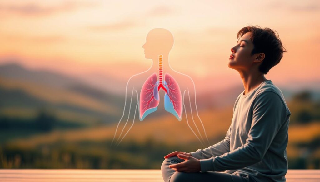 Person meditating with visualized lungs – Illustrative depiction of intake breathing benefits A person practicing intake breathing in a peaceful setting, with an illustrated respiratory system overlay. Illustrative image only.