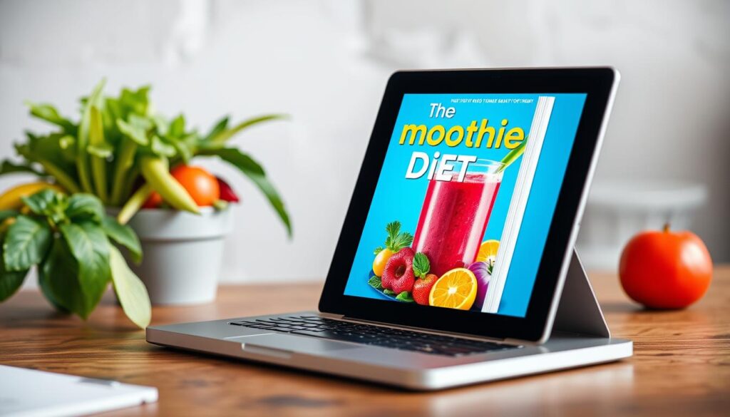 Generate an image of a digital e-book on a tablet or laptop screen, displaying the cover of "The Smoothie Diet" e-book.