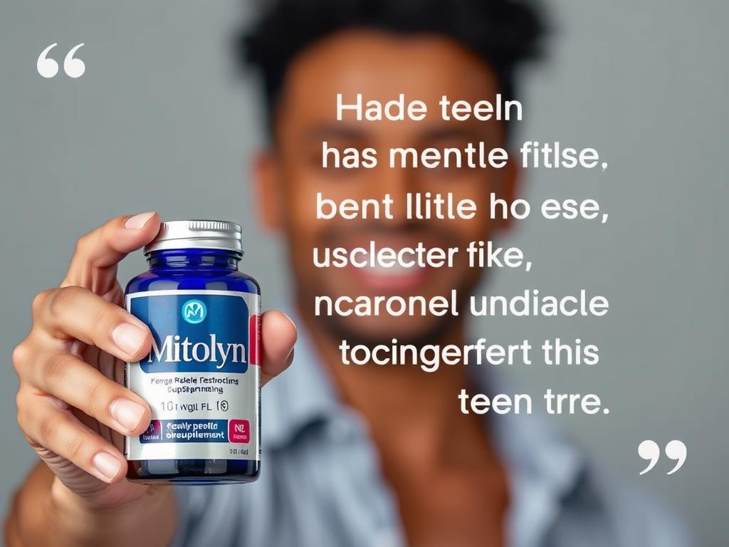 Generate an image of a person holding a Mitolyn supplement bottle with a testimonial quote in the background. Generate an image of a person holding a Mitolyn supplement bottle with a testimonial quote in the background.