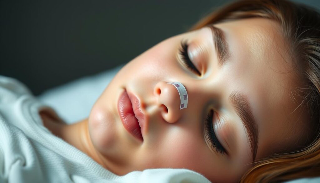 Intake Breathing nasal strip use during sleep – illustrative purpose only A person peacefully sleeping with Intake Breathing nasal strip – illustrative image