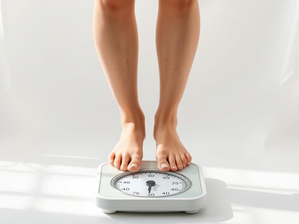 Generate an image of a person standing on a scale, with a subtle background hinting at gut health and wellness.