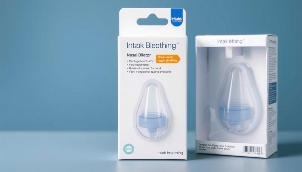 Mock packaging design for Intake Breathing nasal dilator – illustrative only Illustrative image of Intake Breathing nasal dilator packaging. Not an actual product photo.