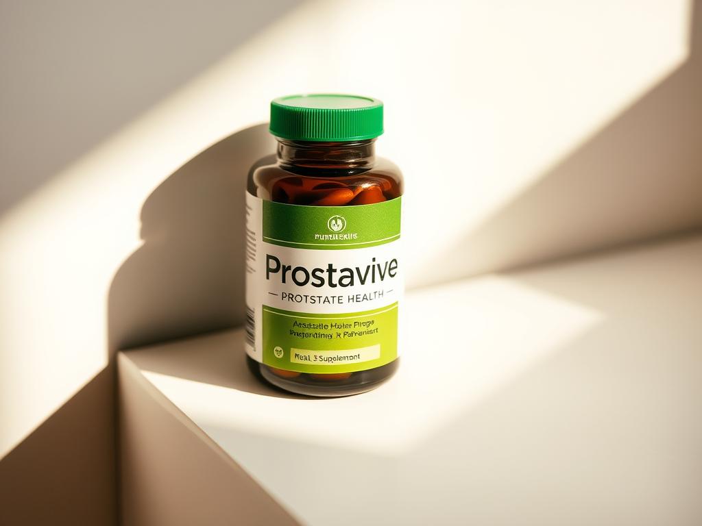 A close-up shot of a vibrant green and brown bottle with a minimalist label, prominently displaying the "Prostavive" brand name. The bottle is positioned on a clean, white surface, with a soft, warm lighting illuminating the product from the side, casting subtle shadows. The overall composition emphasizes the simplicity and quality of the prostate health supplement, conveying a sense of trust and effectiveness.