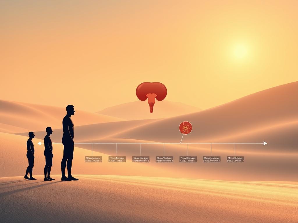 A detailed timeline illustration showcasing the progressive improvement of prostate health. In the foreground, a series of stylized human silhouettes representing different stages, from an initial unhealthy state to a vibrant, rejuvenated prostate. The middle ground features a minimalist medical diagram of the prostate gland, with subtle visual cues highlighting the changes over time. The background is a serene, abstract landscape of soft gradients, evoking a sense of wellness and tranquility. Warm, natural lighting illuminates the scene, creating a calming, hopeful atmosphere. The composition is clean, balanced, and free of distracting elements, allowing the viewer to focus on the timeline of prostate health improvement.