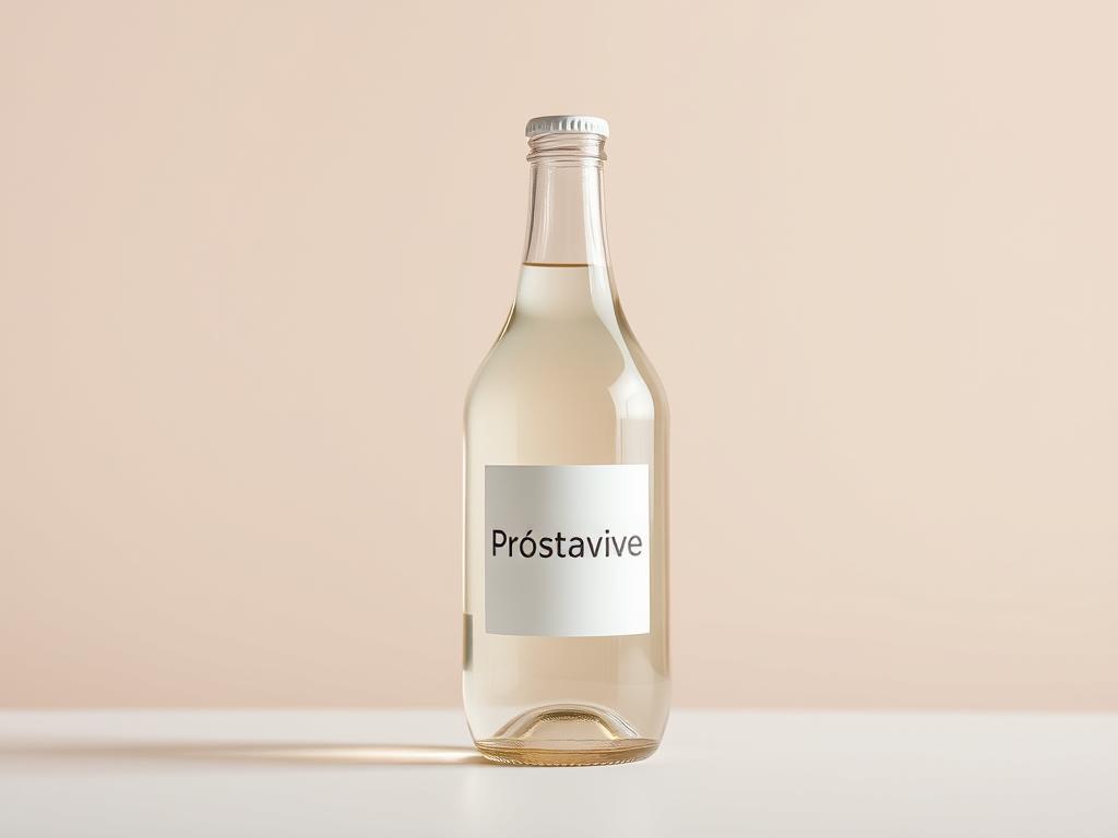 A glossy, high-resolution photograph of a glass bottle labeled "Prostavive" set against a plain, neutral background. The bottle has a clean, contemporary design with a rounded shape and a simple, minimalist label. The lighting is soft and diffused, creating a warm, inviting atmosphere. The focus is sharp, highlighting the intricate details of the bottle's texture and the clarity of the liquid inside. The composition is balanced, with the bottle centered and occupying a significant portion of the frame, conveying a sense of importance and emphasis.