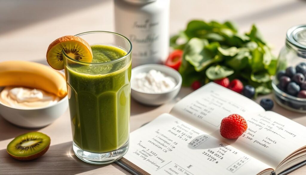 A nutritional analysis of a smoothie diet, captured in a clean, minimalist style. In the foreground, a glass filled with a vibrant green smoothie, garnished with a slice of kiwi. In the middle ground, an open notebook with handwritten notes and calculations, showcasing the detailed nutritional breakdown. The background features a soft, blurred backdrop of healthy ingredients like spinach, berries, and protein powder, suggesting the natural, wholesome nature of the diet. Warm, natural lighting casts a gentle glow, creating a calming, informative atmosphere. The overall composition conveys a sense of precision, balance, and wellness, in line with the subject matter. A nutritional analysis of a smoothie diet, captured in a clean, minimalist style. In the foreground, a glass filled with a vibrant green smoothie, garnished with a slice of kiwi. In the middle ground, an open notebook with handwritten notes and calculations, showcasing the detailed nutritional breakdown. The background features a soft, blurred backdrop of healthy ingredients like spinach, berries, and protein powder, suggesting the natural, wholesome nature of the diet. Warm, natural lighting casts a gentle glow, creating a calming, informative atmosphere. The overall composition conveys a sense of precision, balance, and wellness, in line with the subject matter.