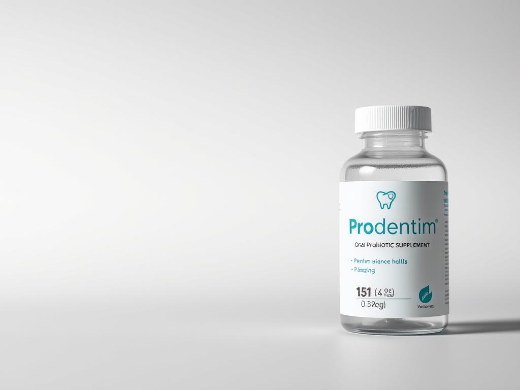 A sleek, modern-looking bottle of the Prodentim oral probiotic supplement set against a clean, minimalist background. The bottle is prominently displayed in the foreground, showcasing its premium design and branding. The middle ground features a subtle graphical element hinting at the product's oral health benefits, such as a stylized tooth or a minimalist illustration of the human mouth. The background is a soft, neutral-toned gradient that creates a sense of focus and professionalism. The overall composition and lighting convey a sense of quality, science-backed credibility, and consumer trust in the Prodentim product.