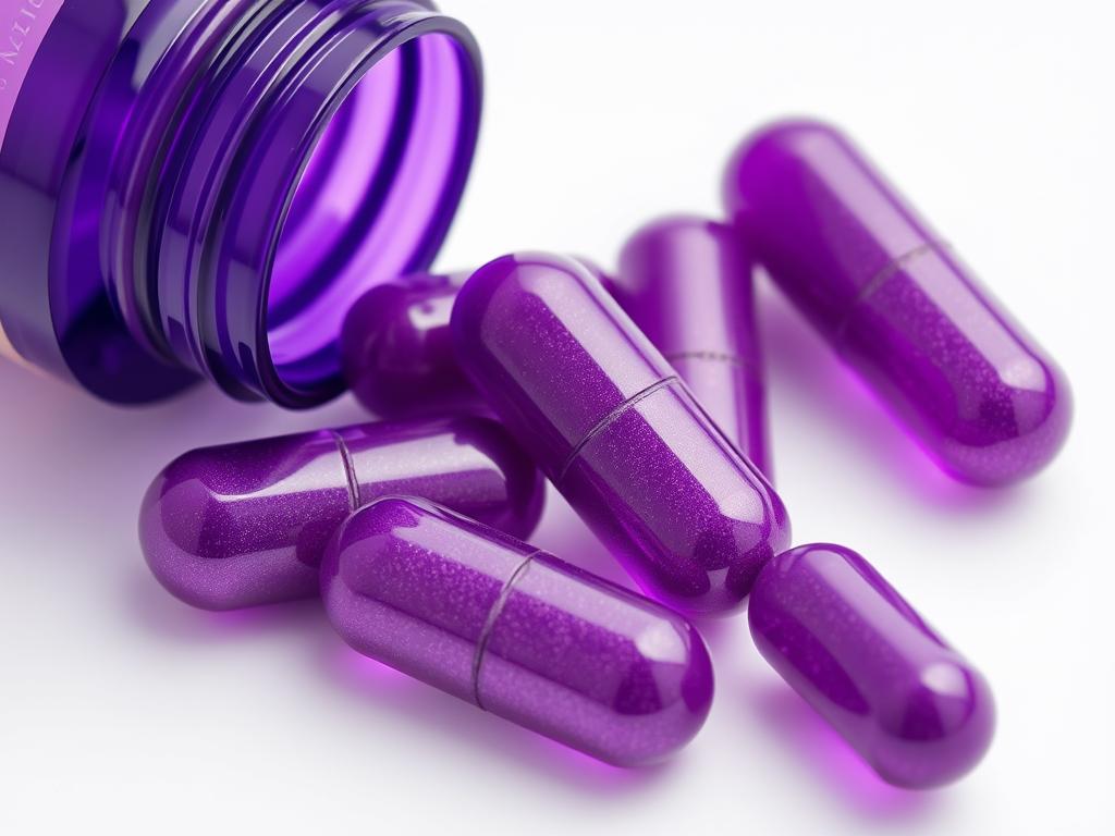 Generate an image of Mitolyn supplement capsules with a purple peel coating.
