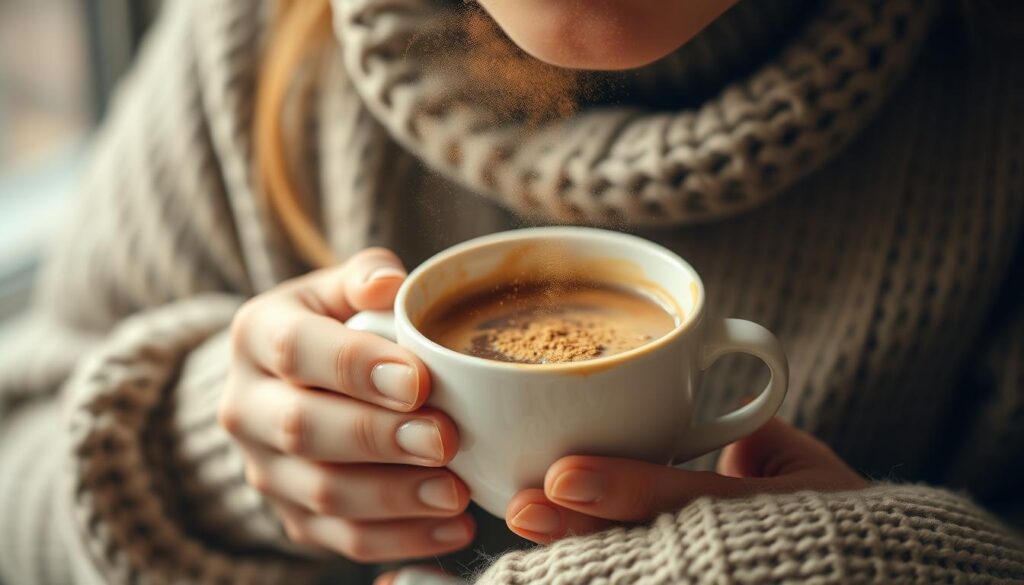 Generate an image of a person enjoying a cup of coffee with a subtle hint of a powder being mixed into it. Generate an image of a person enjoying a cup of coffee with a subtle hint of a powder being mixed into it.