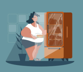 An illustration of a person standing in front of an open refrigerator, appearing to think about what to eat.
